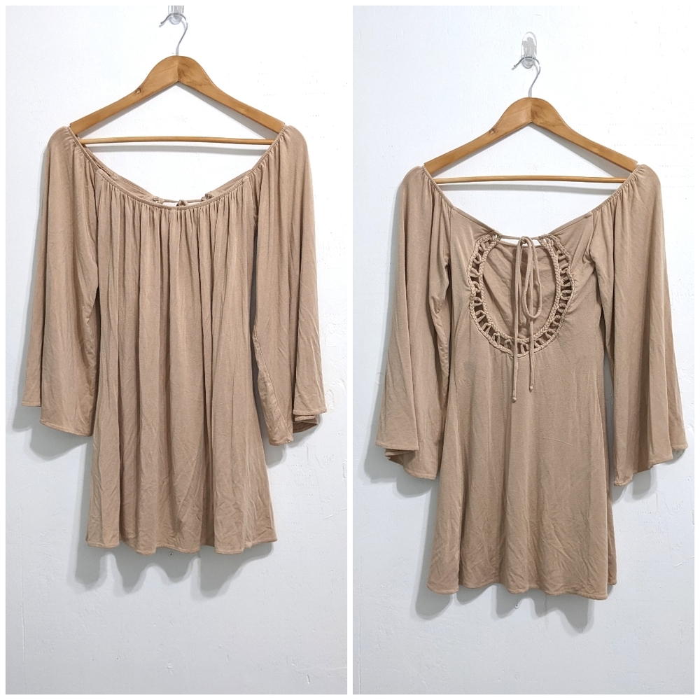 Sky brand dress tan light brown braided back off shoulder mini boho indie